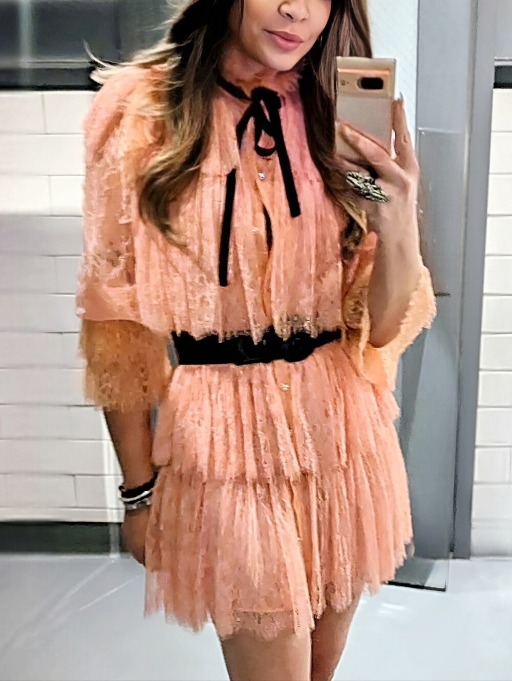 ALICE + OLIVIA Pink Lace Joanie Tiered Ruffle Button-Down Dress